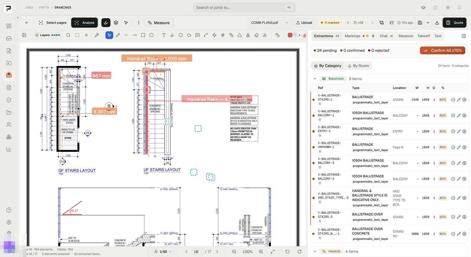planos — drawing take-off with extracted items
