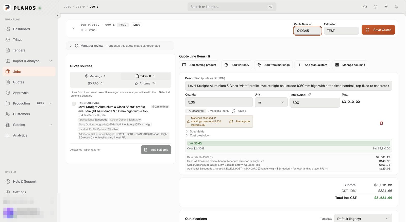 planos — quote builder with cost breakdown